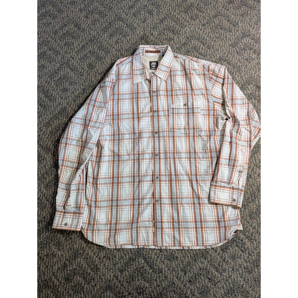 Timberland Mens Plaid Button Down Shirt Orange Grey White Cotton Large 58FB656